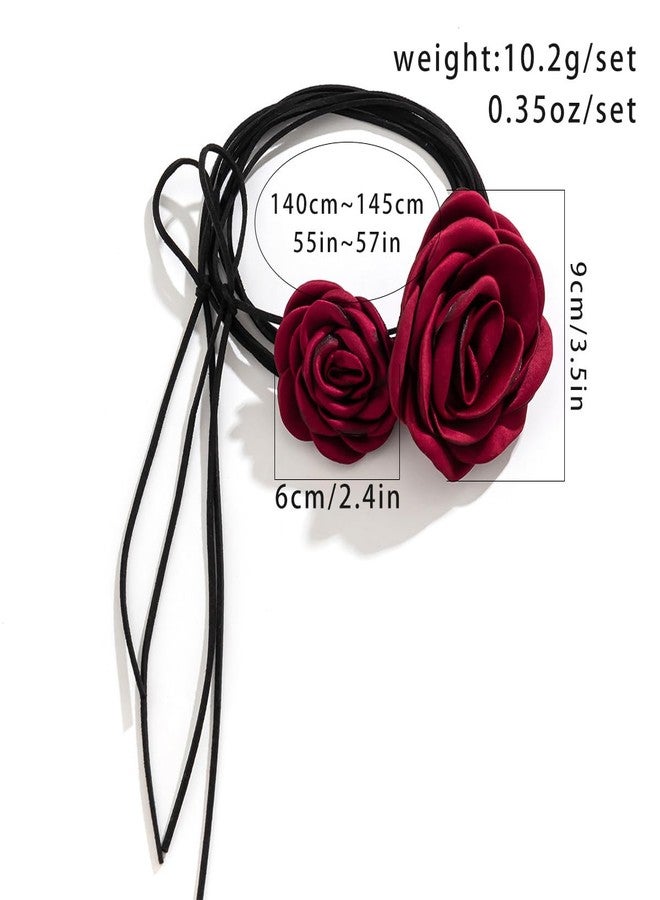 Rannyrena Vinatge Large Flower Choker Necklace 2pcs 3pcs Suede Long Wrap Necklaces Set Bow-knot Layered Tie Necklace with Artificial Rose Boho Party Accessories for Women (2 red) - Image 4